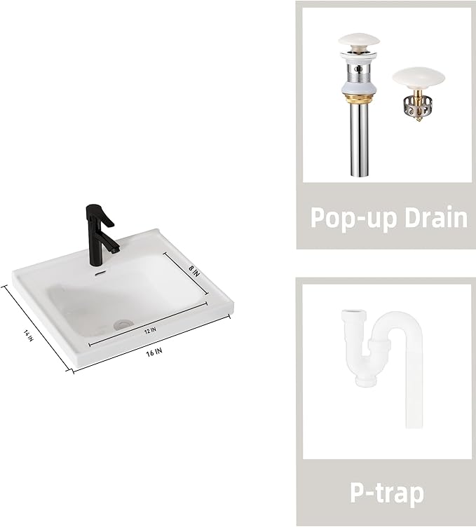 16'' Bathroom Vanity with Ceramic Sink Combo, Wall Mounted Small Bathroom Vanity with Soft-Close Door Modern Floating Cabinet, Pop-up Drain, P-Trap Included, White(No Faucet)