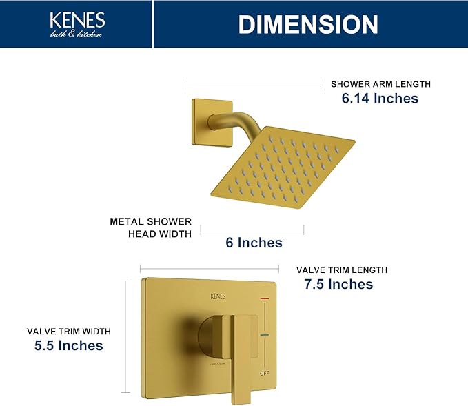 KENES Modern Brushed Gold Shower Faucet, Square Shower Trim Kit with Single-Spray Stainless Gold Rain Shower Head, Shower Trim Systems Wall Mount, KE-6025B-4 (Shower Valve Included)