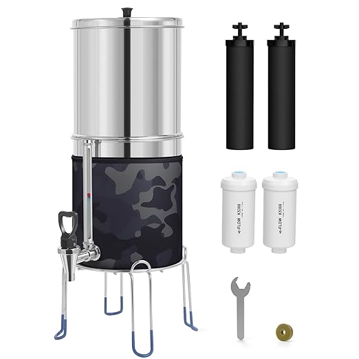Gravity-Fed Water Filter System, NSF/ANSI 42&372 Standard, 2.25G Stainless-Steel Countertop System with 2 Black Elements, 2 Fluoride, Metal Water Level Spigot, Reduces Fluoride and Chlorine