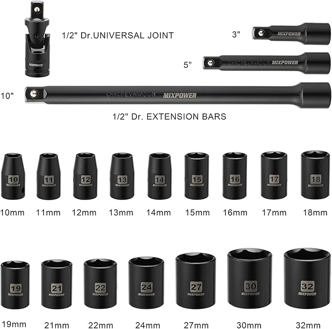 MIXPOWER 1/2-Inch Drive Shallow Impact Socket Set Metric Size 10mm-32mm CR-V 6-Point Mechanic and Repair Project 20-Piece 1/2" Shallow Sockets Set with Extension Bar and Universal Joints