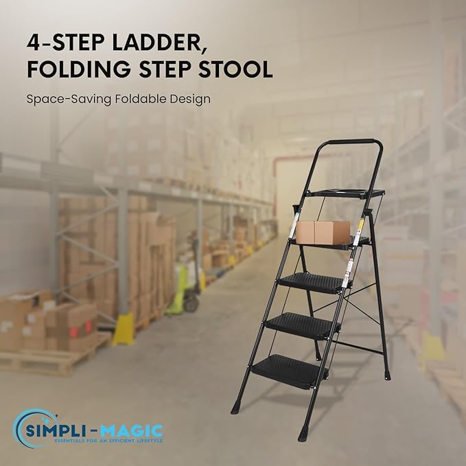 SIMPLI-MAGIC 4-Step Ladder, 800 LBS Capacity Folding Step Stool – Anti-Slip Wide Steps & Handgrip – ANSI Certified Lightweight & Durable Steel Stepping Stool for Kitchen, Home, Office & Garage