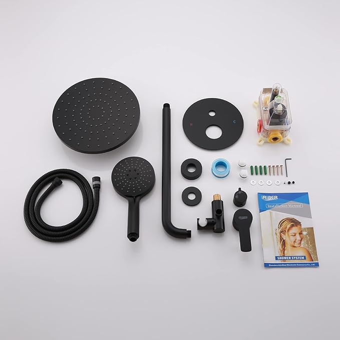 Iriber Shower System Wall Mounted Shower Faucet Mixer Set with Luxury High Pressure Shower head and 3-Setting Handheld, Bathroom Shower Trim Kit Contain Pressure Balance Valve, Matte black