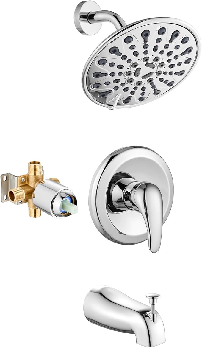 gotonovo Tub Shower Faucet Set Shower Head and Handle Set 6 Modes 6 inch Bathroom Trim Kit with Tub Spout High Pressure Shower System Combo with Valve Round Showerhead Polished Chrome