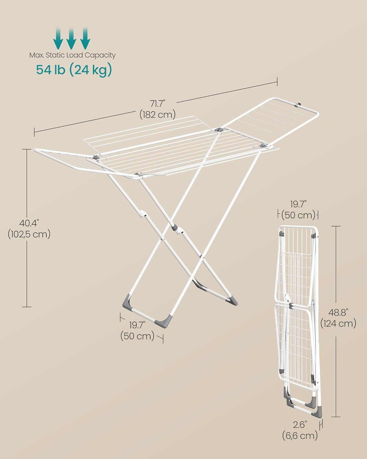 SONGMICS Clothes Drying Rack, Metal Laundry Drying Rack, Foldable, Space-Saving, Free-Standing Airer, with 4 Gullwings, Indoor Outdoor Use, Bed Linen Clothing, White ULLR541W01
