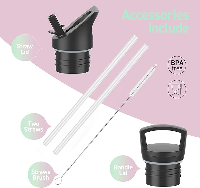 Stainless Steel Water Bottle with Straw - Insulated Water Bottle for Sports, Gym, School, Commute, Adults/Kids - Keep Cold for up to 24 Hours - Sweat/Leak-proof - 2 Lids - BPA Free