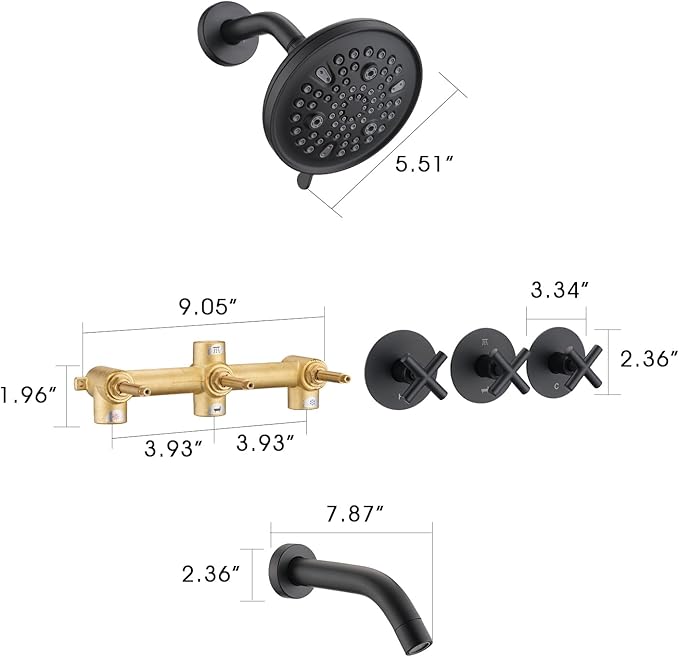 PROOX 3 Handle Tub Shower Faucet Set, 9-Setting Rainfall Shower Head with Tub and Shower Trim Kit with Rough-in Valve, Matte Black Bathtub Shower Faucets, Wall Mounted Bathroom Rain Shower System