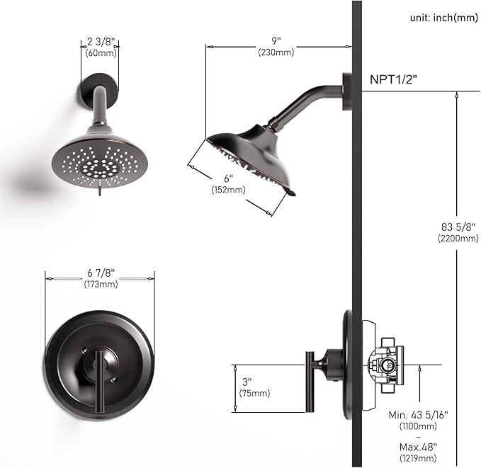 Bathroom Shower Faucet Set Bronze: WOWOW Shower Combo Set with 6-Inch Rain Shower Head, Single Handle Shower Trim Kit Modern Shower System High Pressure (Valve Include)