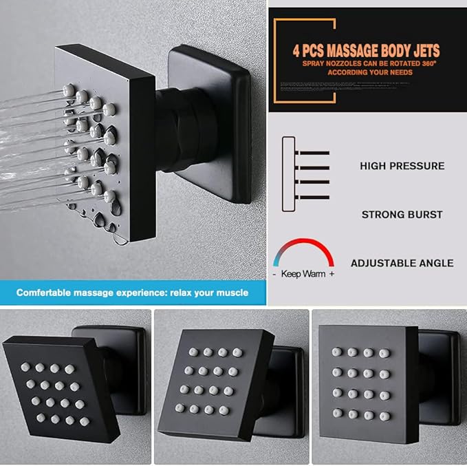Matte Black Shower Faucet Set with Body Jets 10 Inch Matte Black Shower Head Handheld Shower Combo Set High Pressure Wall Mount with Rough-in Valve