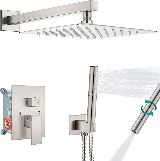 Aolemi Shower System with Rainfall Shower Head and Handheld Wall Mount,High Pressure Shower Faucet Set Fixture Combo with 2 in 1 Handheld Spray Rough-in Valve,16 Inch Shower Head Brushed Nickel