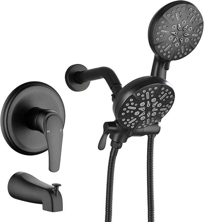 Tub and Shower Faucet Set Complete Dual Shower Head and Handheld 2 in 1 Combo Set Shower System with Tub Spout Tub and Shower Trim Kit Matte Black