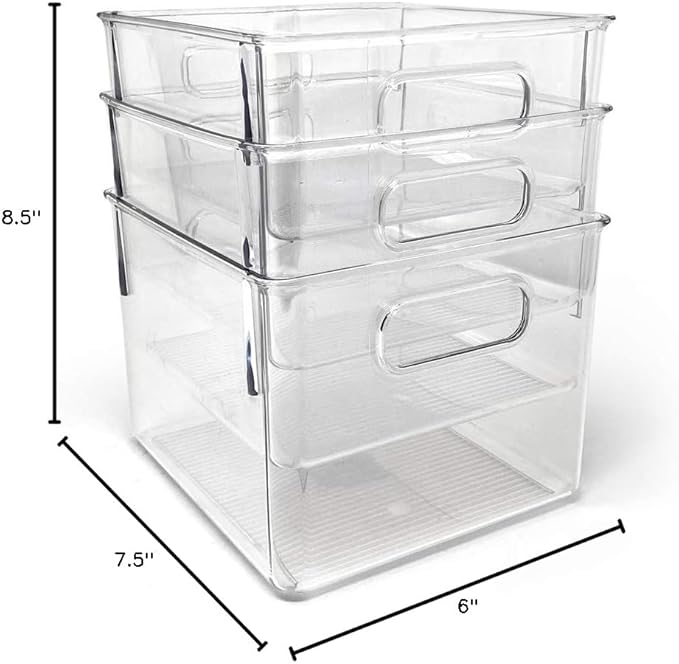 Isaac Jacobs 3-Pack Medium Clear Storage Bins with Handles, Plastic Organizer for Home or Fridge/Freezer, Pantry and Kitchen Non-Slip Container Set, BPA Free, Food Safe (3-Pack, Medium)