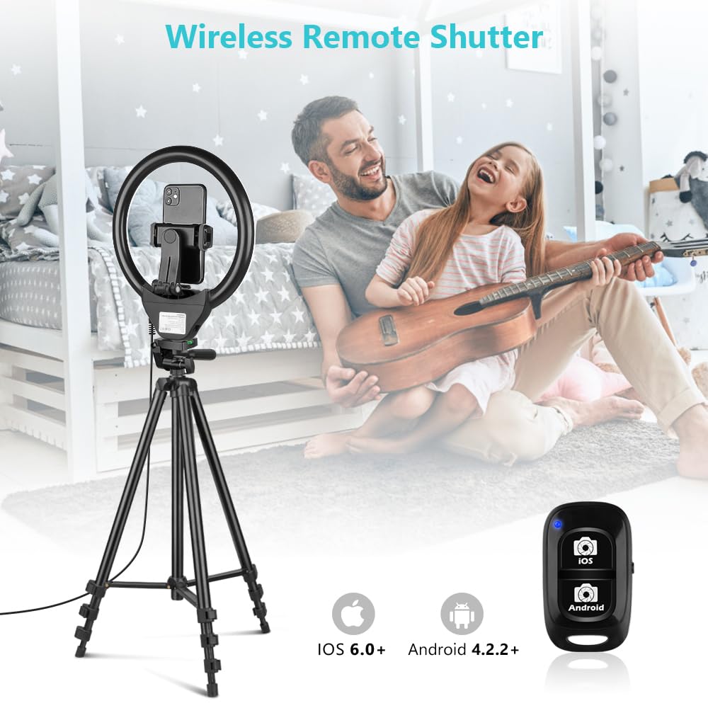 Sensyne 10'' Ring Light with 50'' Extendable Tripod Stand, LED Circle Lights with Phone Holder for Live Stream/Makeup/YouTube Video/TikTok, Compatible with All Phones