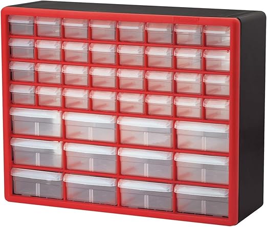 Akro-Mils 44-Drawer Plastic Drawer Storage Cabinet for Garage Organization, Bead Organizer, Building Bricks Storage, Teacher Toolbox, Makeup Organizer, 20-Inch W x 6-Inch D x 16-Inch H, 10144 Red