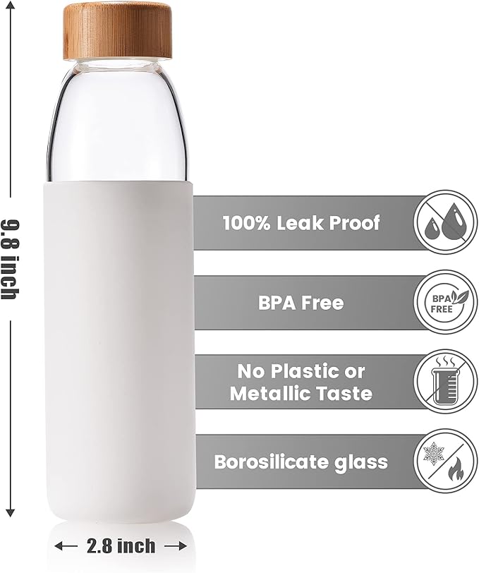 veegoal Glass Water Bottles 25 Oz Borosilicate with Bamboo Lid, BPA-FREE, Non-Slip Silicone Sleeve, and Stainless Steel Leak Proof Lid - Reusable Glass Bottle for Men and Women