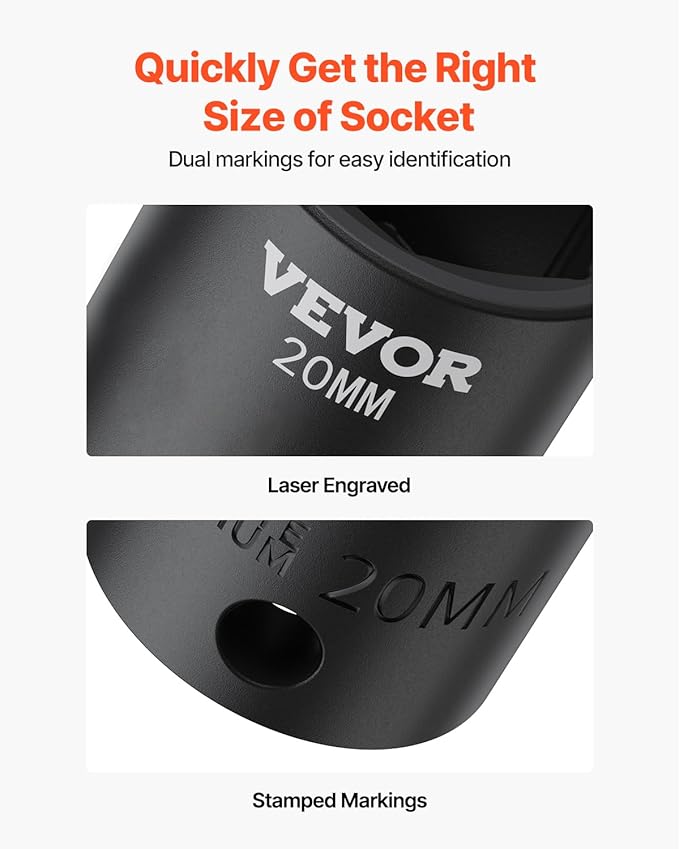 VEVOR Impact Socket Set 1/2 Inches 26 Piece Impact Sockets, Shallow Socket, 6-Point Sockets, Rugged Construction, CR-M0, 1/2 Inches Drive Socket Set Impact Metric 10mm - 36mm, with a Storage Cage