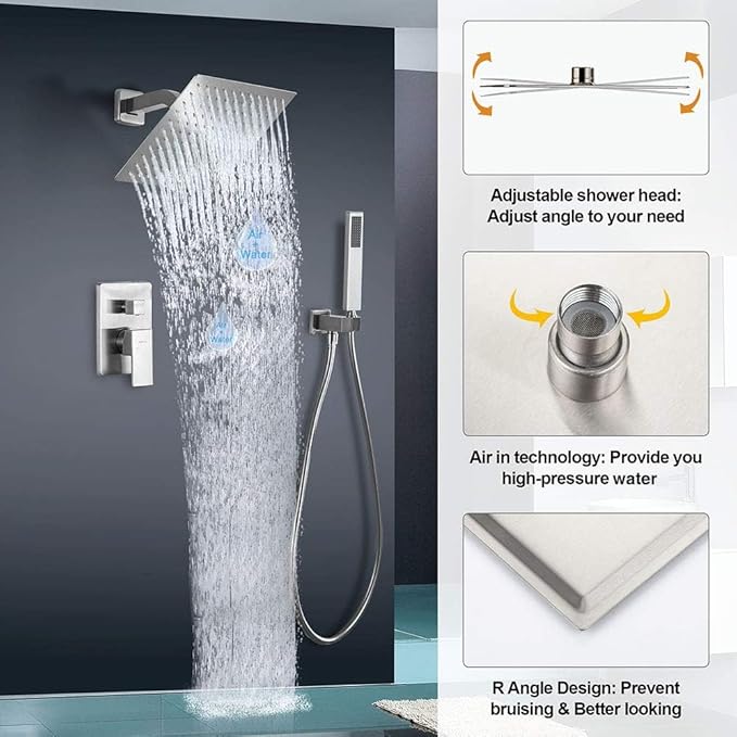 Rain Shower System with Handheld Shower, 10 Inch Wall Mounted Shower Faucet Set Bathroom Luxury Rain Mixer Shower Combo Set Rough-in Valve and Trim Kit, Chrome