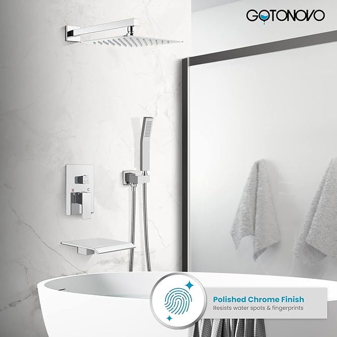 gotonovo Rain Shower Faucet System Set Rainfall Shower Head with Handheld Sprayer Waterfall Tub Spout Wall Mounted Mixer Combo Rough-in Valve and Trim Included 12 Inch Showerhead Polished Chrome