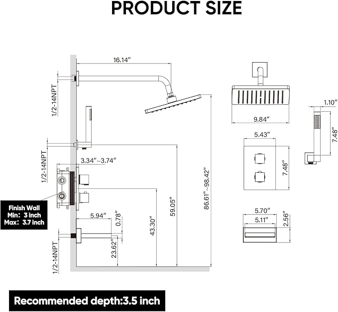 Esnbia Thermostatic Tub Shower Faucet Set, All Metal Tub System with 3 Way Valve, 10 Inch Rain Shower Head with Handheld Spray Combo,Matte Black