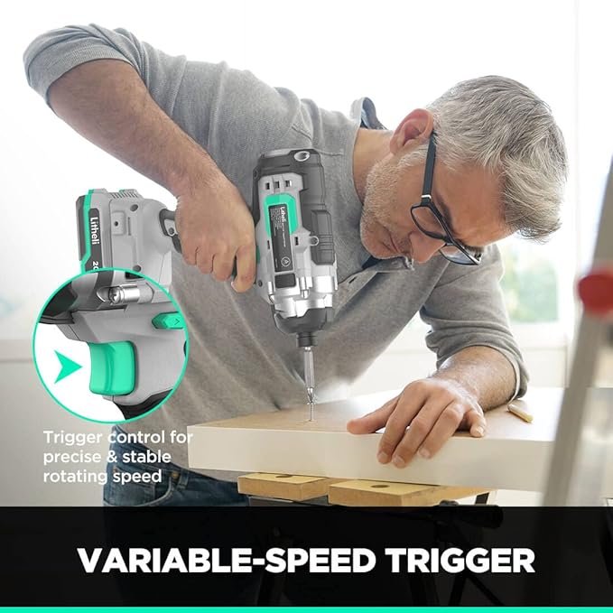 Litheli Cordless Impact Driver 20V, 1150 In-Lbs Torque, 1/4″ Quick-Release Hex Chuck, 3 Socket Adapters, 2 Driver Bits, with 2.0 Ah Battery & 1 Hour Fast Charger