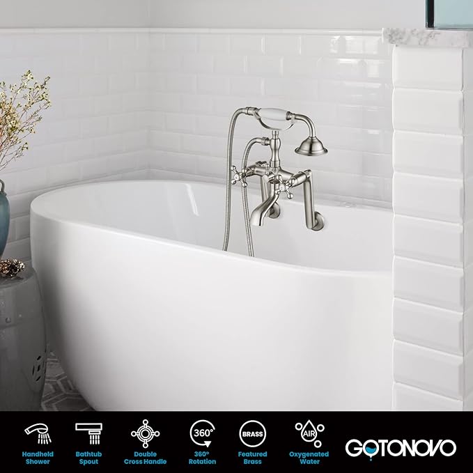 gotonovo Clawfoot Bathtub Faucet Tub Filler with Hand Held Shower Faucet Set Victorian Double Cross Handle 6 Inch Center Adjustable Swing Arms Tub Mount Long Adapter Brushed Nickel