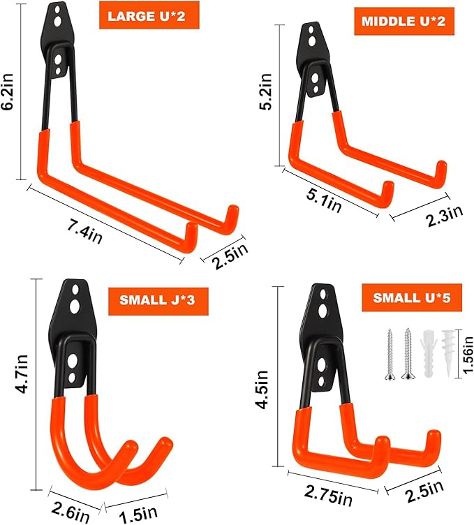 Steel Garage Hooks Wall Tool Organizer, 12 Pack Garage Storage Hook Heavy Duty Utility Storage Hangers Orange for Ladders, Ropes, Garden Tools