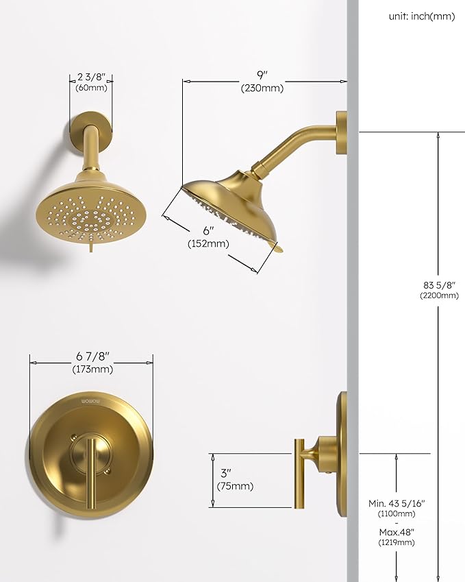 Bathroom Shower Faucet Set Gold: WOWOW Shower Combo Set with 6-Inch Rain Shower Head, Single Handle Shower Trim Kit Modern Shower System High Pressure (Valve Include)