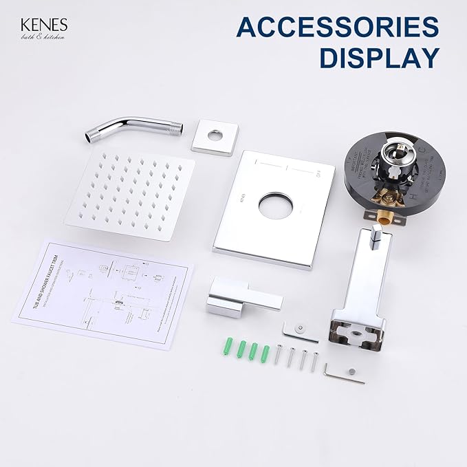 KENES Polished Chrome Tub and Shower Trim Kit, Modern Shower Faucet with Single-Spray Square Stainless Rain Shower Head, Shower Trim Chrome, KE-6025A-5 (Shower Valve Included)