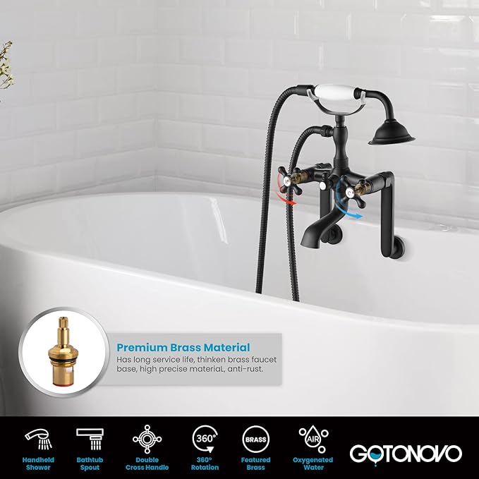 gotonovo Clawfoot Bathtub Faucet Tub Filler with Hand Held Shower Faucet Set Victorian Double Cross Handle 6 Inch Center Adjustable Swing Arms Tub Mount Long Adapter Matte Black