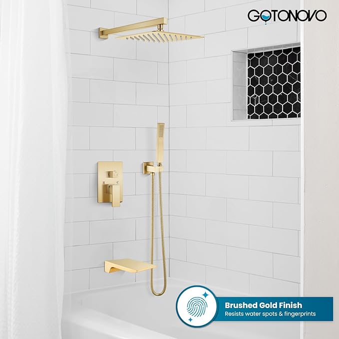 gotonovo Shower System with Tub Spout,Waterfall Tub Shower Faucet Set for Bathroom Head and Handle Set Wall Mounted 3 Function Rough-in Valve and Trim Included 10 inch Shower Head Brushed Gold