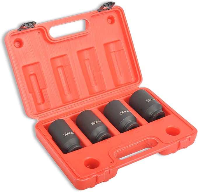 4Pcs 1/2" Drive Deep Impact Socket Set 12 Point Metric 30mm 32mm 34mm 36mm Drive Spindle Axle Hub Nut Socket Set,Heavy Duty with Portable Storage Case,Use In Removing And Installing Axle Nuts