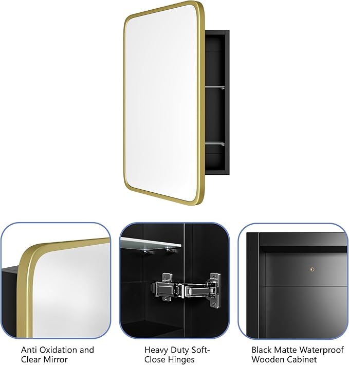 Vintage-Style Bathroom Wood Black Cabinet with 16.5''x24'' Brushed Gold Metal Frame Curved Mirror, Recessed Medicine Cabinet, Bathroom Storage Cabinet