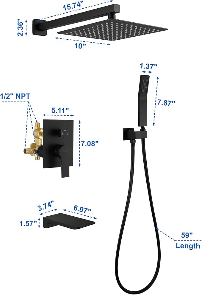 SHAMANDA Shower System with Waterfall Tub Spout and Handheld Shower Head, 10" Rain Shower Faucet Sets Complete with Shower Round-in Valve and Trim Wall Mount, Matte Black, L1010-7