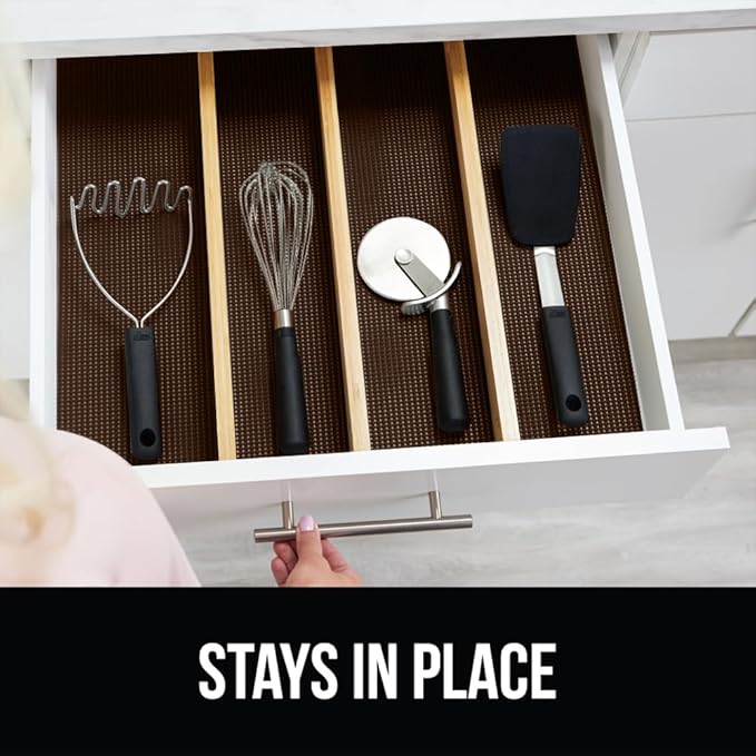 Gorilla Grip powerGRIP Drawer Shelf and Cabinet Liner, Thick Strong Hold, Non-Adhesive Liners Protect Kitchen Cabinets and Cupboard, Bathroom Drawers, Easy Install, Breathable Mat, 17.5" x20', Brown