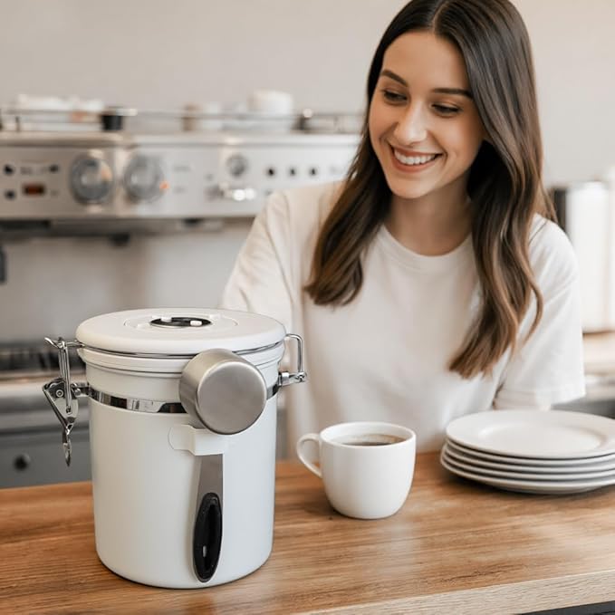 ShanSon Coffee Canister Airtight Coffee Container Stainless Steel Coffee Bean Storage Container with Scoop Coffee Canister for Beans Grounds Sugar Flour Tea Cereal,11OZ, White