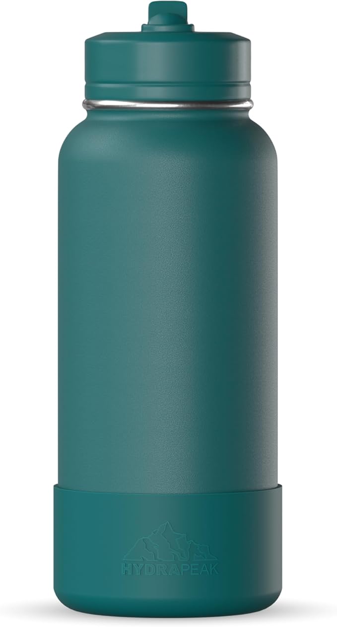 Hydrapeak 32oz Sport Insulated Water Bottle with Straw or Chug Lid, Leak & Spill Proof, Keeps Drinks Cold for 24 Hours, Hot for 12 Hours, Premium Stainless Steel Water Bottles (32oz, Aegean)