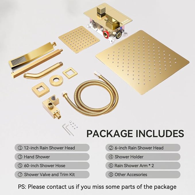 Shower Faucet Set Brushed Gold Shower System, STARBATH 12+6" Dual Rain Shower Head with Handheld Spray for Two People,Wall Mount Rainfall 3 Way Shower Valve with 5 Diverter and Trim Kit Complete