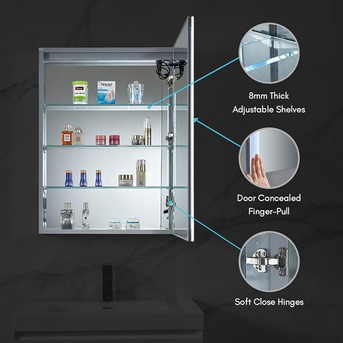 Blossom LED Lighted Mirror Medicine Cabinet, 24x32 Inch, Right Hinge | Wall Mounted Recessed or Surface Bathroom LED Medicine Cabinet with Mirror, Makeup Mirror with Lights | Defogger, 3 Color Dimmer