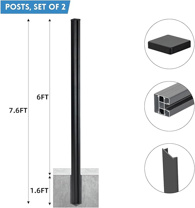 1 Corner Post for 7.6ft Outdoor Privacy Fence Panels, Matte Black Metal Wood Fence Post, Cement Pouring and Installation (More Stable)