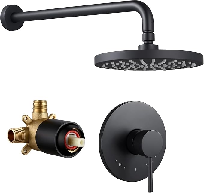 KES Shower Faucets Sets Complete Rain Shower Head Shower Valve and Trim Kit Wall Mount Pressure Balance Black Shower System, XB6202F18-BK