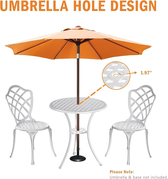 3 Piece Patio Bistro Set, Outdoor Bistro Table and Chairs Set of 2 w/Umbrella Hole, Rust-Resistant Cast Aluminum Bistro Set for Garden/Balcony/Backyard, White