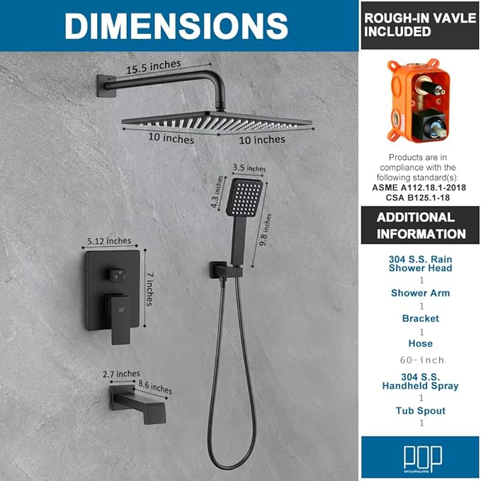 POP SANITARYWARE Matte Black Shower Tub Faucet Set Bathroom Rain Shower System with Tub Spout Wall Mounted Rainfall 10 Inch Shower Head and Handle Set Include Shower Valve and Trim Kit