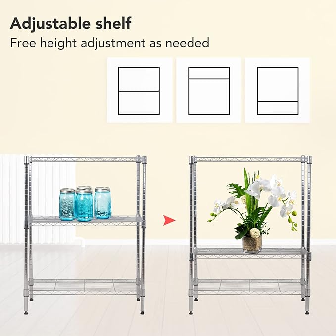 BestOffice 23Lx13.2Wx30.2H Adjustable Metal Storage Shelves 3-Tier Wire Shelving Unit Organizer Wire Rack 450Lbs Capacity for Small Places Kitchen Garage,Chrome