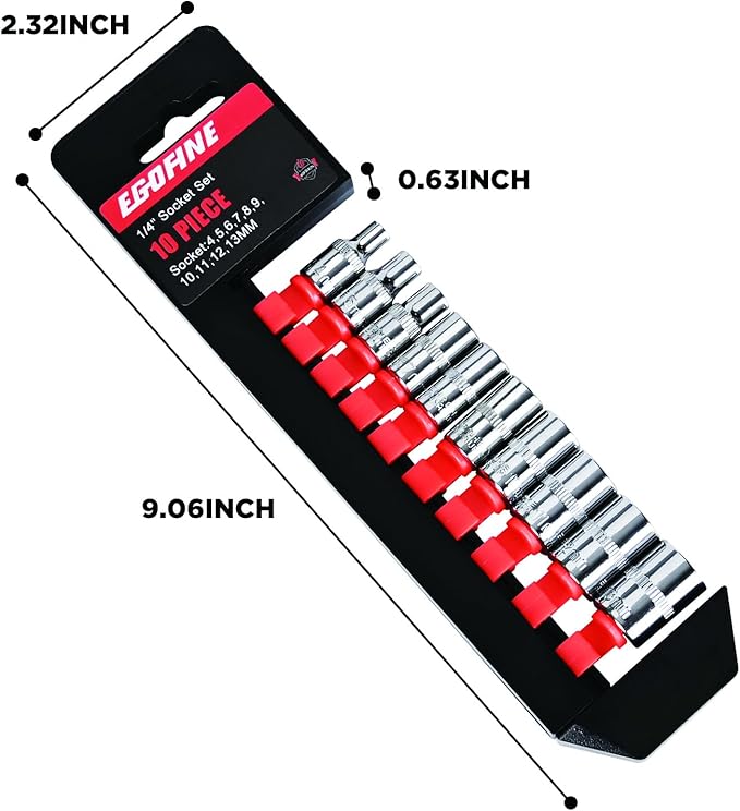 Egofine 10PCS 1/4” Drive Standard Socket Set,Shallow Socket Set,Metric(4-13mm,6 Point Socket With Hanging Bracket,Cr-V Steel