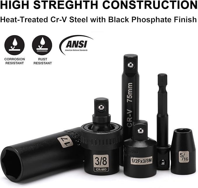 Mayouko 49 Pieces 3/8" Drive Impact Socket Set, 5/16"-3/4", 8-22MM, SAE/Metric, 6 Point, CR-V, Includes Extension Bar, Adapter, Universal Joint