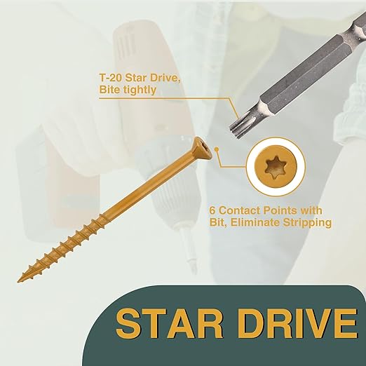 T.K.Excellent Deck Screws 2 Inch Wood Screws #8 x 2, 630 Pcs, Rust Resistant Structural Screw Fence Screw Torx Drive Screws, Two T20 Bits, Brilliant Yellow Ruspert Coating Rust Proof, 5lb Box