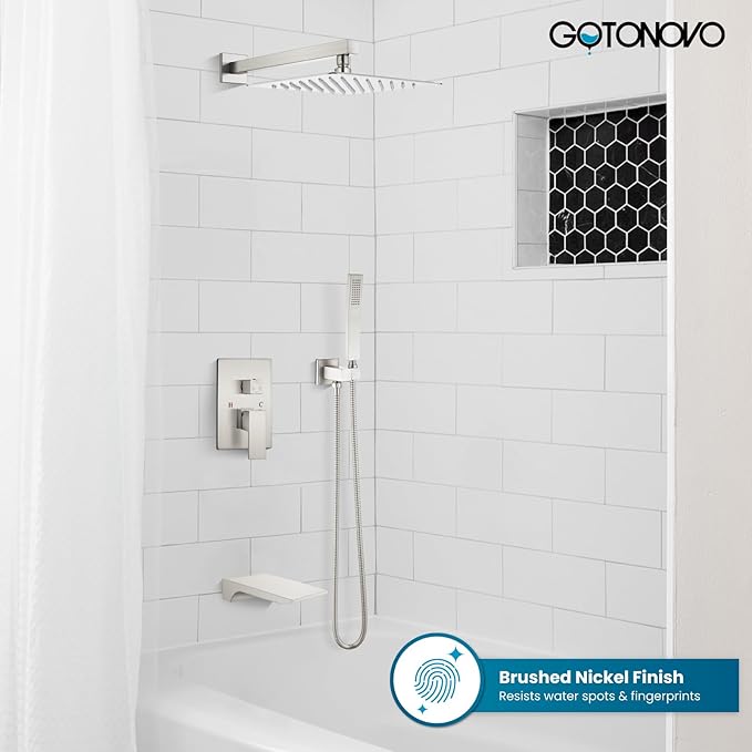 gotonovo Shower System with Tub Spout,Waterfall Tub Shower Faucet Set for Bathroom Head and Handle Set Wall Mounted 3 Function Rough-in Valve and Trim Included 10 inch Shower Head Brushed Nickel