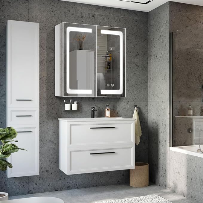 Stainless Steel LED Medicine Cabinet,Bathroom Mirror Cabinet with Light,3 Color,Dimmable,Equipped with Defogger,USB Shavor Socket,Internal Light,30×32 Inch