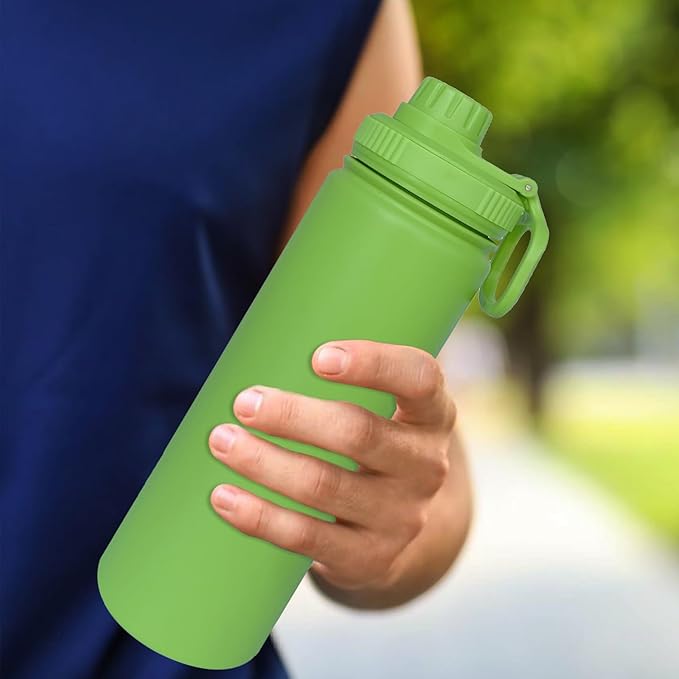 22oz Insulated Water Bottle ,Stainless Steel Sports Water Cup Flask with 2 Lids, Wide Mouth Travel Thermal Mug,Outdoor Sports Bottle(Lemon Green)