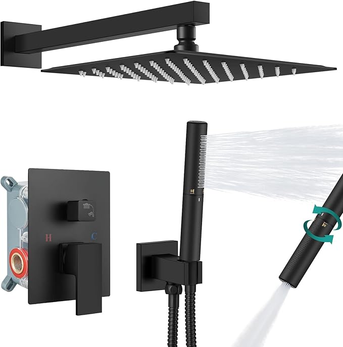 Aolemi Shower System with Rainfall Shower Head and Handheld Wall Mount,High Pressure Shower Faucet Set Fixture Combo with 2 in 1 Handheld Spray Rough-in Valve,12 Inch Shower Head Matte Black