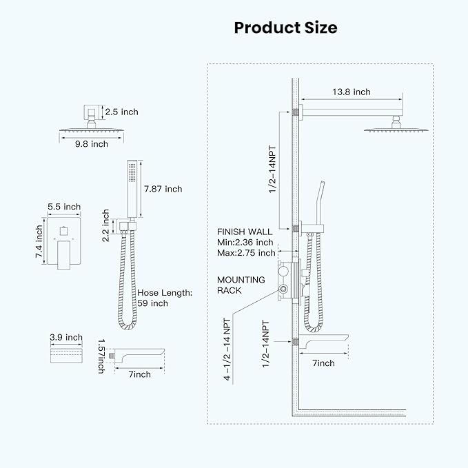 gotonovo Shower System with Tub Spout,Waterfall Tub Shower Faucet Set for Bathroom Head and Handle Set Wall Mounted 3 Function Rough-in Valve and Trim Included 10 inch Shower Head Matte Black